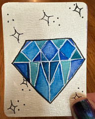 ACEO Original watercolor blue geometric diamond & stars illustration, 2.5×3.5