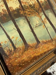 Vintage Miami River Ohio Mid-Century Naive Landscape Oil Painting – Signed 17”