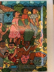 Vintage Weya Zimbabwe Folk Art Painting „Going to the Witch Doctor“ 13″ x 13″