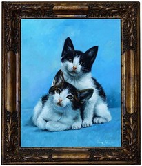 Original Signed Oil Painting of Cats with Two Kittens on Canvas, Framed
