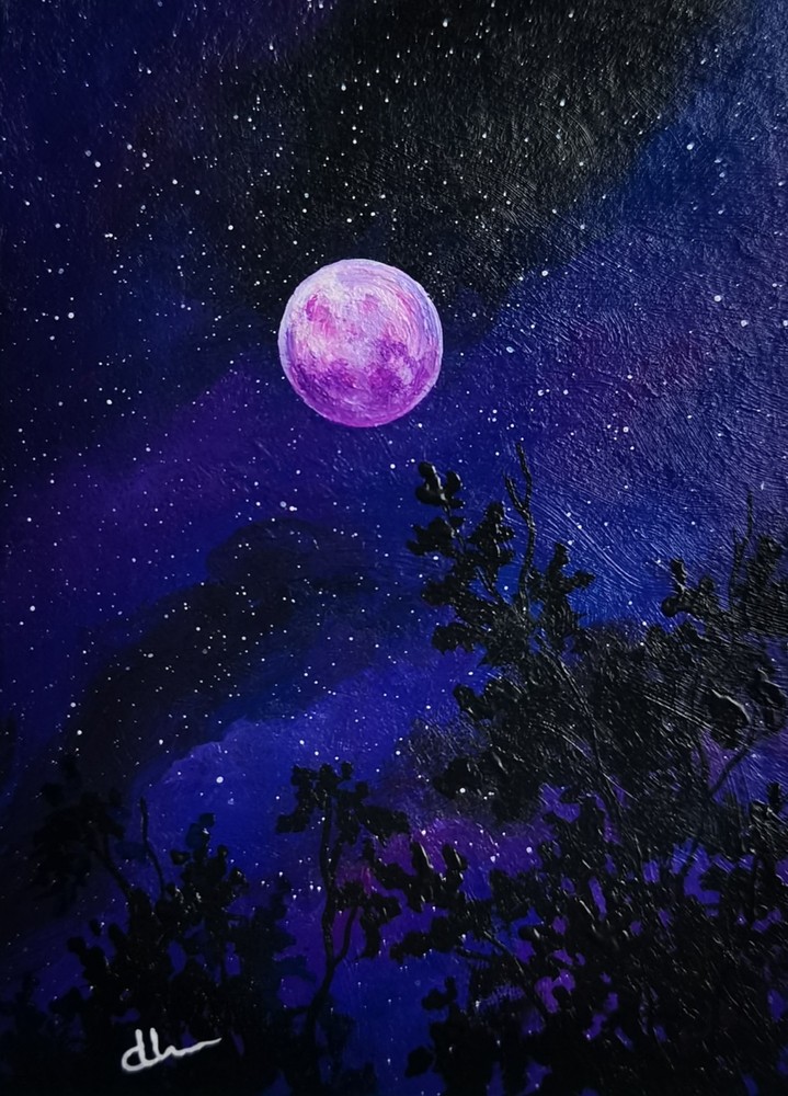 „Gothic Night“ ACEO Original Hand Painting Vintage Nature Art Moon Signed ATC