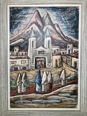 RAPHAEL MOISES MEXICO MODERNIST OLD MISSION MURAL STYLE MID CENTURY PAINTING