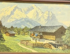 Vintage Heinz Theis 1894 -1966 Landscape Print On Board Framed Mountains Houses