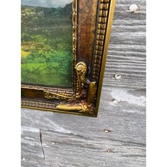 Antique Large Pastel Chalk Painting Mountain Lake Scene Gold Frame 32.5×20.5″