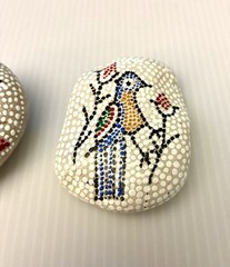Vtg Painted Rock | Dot Art 2 Rocks Bird And Flowers Artisan Kenya 2000