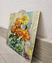 Original Oil Painting Marigolds in Jar 15x15cm Square Impasto Flower Art