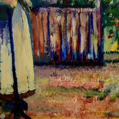 Vintage Framed Figurative Oil on Board „Woman in the Garden“ By Donald Roy Purdy