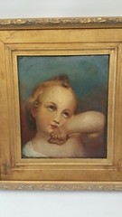 Antique renaissance girl painting framed 18×20 patina crazing on board