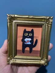 PRINT Black Cat And Fish Cute,funny, Painting,framed,miniature,small,mini