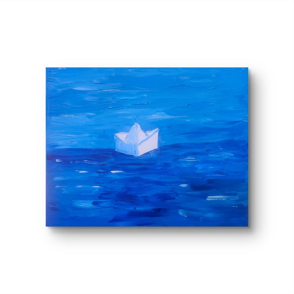 White Paper Boat Origami Sailing In Water Pop Art Canvas Painting 11×14 Canvas