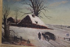 19thC ANTIQUE OIL PAINTING HORSE CART MOTHER CHILD COUNTRY LANDSCAPE GILT FRAME