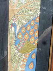 VINTAGE ORIGINAL FRAMED COLORFUL DRAWING PEACOCKS & FISH 25.5 X 7.5 INCHES