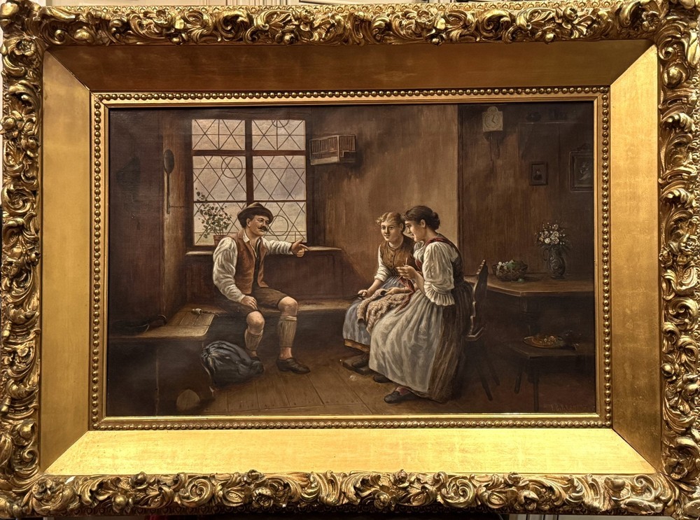 ANTQ c 1880’s LRG Original German School O/C Interior Genre Scene, Signed/Framed
