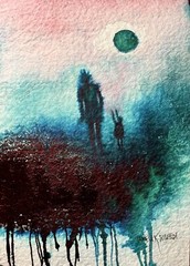Pamela Wilhelm Original Watercolor 5”x7” Abstract Figures Turquoise Red Pink