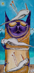 Cat Birds Painting Original Siamese Seaside Landscape 16 x 8 By Samantha McLean