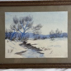 Antique Original Winter Landscape Watercolor Signed Carolyn Timpte @1912