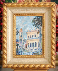 FRAMED ORIGINAL OIL COLONIAL BUILDING SCENE OLD TRINIDAD CUBA SIGNED HECTO VIDAL