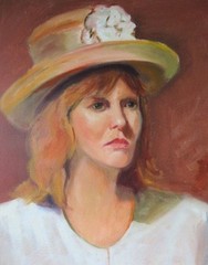 Vintage PORTRAIT OIL PAINTING GORGEOUS Woman Lady Wearing HAT with Flower