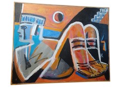 Chacmool Original Art Painting Aztec Mayan Expressionist Vtg Mid-century 30x24in