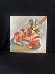 Oil Painting Still Life Art For Kitchen Gift Croissant Coffee 20x20cm Wall Art