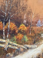 FALL AUTUMN LANDSCAPE PAINTING OLD ANTIQUE ORIGINAL ART GOUACHE SIGNED ILLEGIBLE