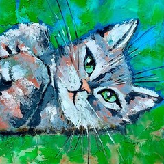 Original Oil Painting Cat Portrait Animal Kitty Artwork 10×10 inches