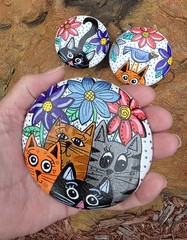 set of 3 Hand Painted cute cat painted stone art Kindness gift paper weight