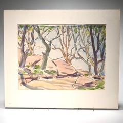 Ben Wolf Jungle Trees Purple Green Brown Colorful Watercolor Painting Signed