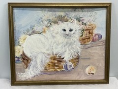 Vtg Original Oil Painting Long Hair White Cat Persian In Basket Signed 17×21