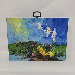 Hand Painted Painting on Wood Block Picture Art Floral Sky Signed Wanen 7″ x 5″