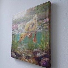 Diving Duckling Original Oil Painting Duck Pond Wildlife Animal Nature Art Gift
