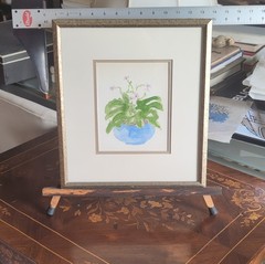 Watercolor Painting Flowers Plants Blue Pot Matted Framed 13x11in Still Life