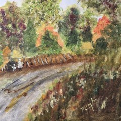 Cottage Country Lane Orig. Painting Fence Autumn Trees 9 x 12″ Unframed Board