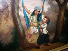 ANTIQUE PERSIAN OR MUGHAL PERIOD OIL PAINTING WITH PLAYFUL CHILDREN 33 1/2 X 26″