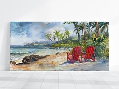 Hawaii Beach Relaxation Art, Chairs on Beach Watercolor Painting, Vintage Ocean