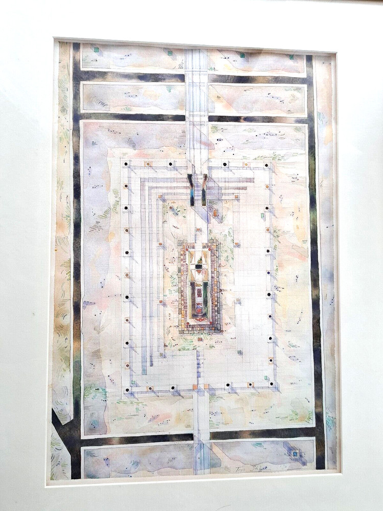 1990 Abstract Architectural Geometric Watercolor Modernist Framed Art