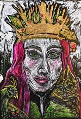 Animal Queen Original ACEO Cat Bird Fantasy Scratchboard Art Card Gold Leaf