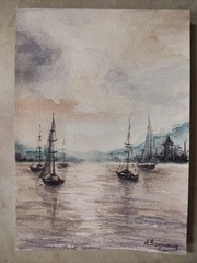 Original watercolor painting The Harbor at the Sunset 6×8 in Seascape