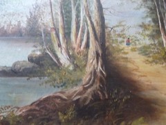 Antique 19th C Landscape with Lake Boat Country Lane with Figure Trees 17 X 24″