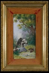 Antique hunt scene painted on porcelain, style of Alexandre-Francois Desportes