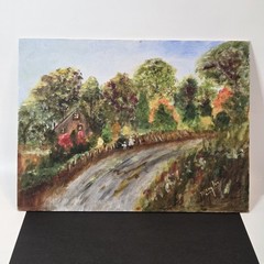 Cottage Country Lane Orig. Painting Fence Autumn Trees 9 x 12″ Unframed Board
