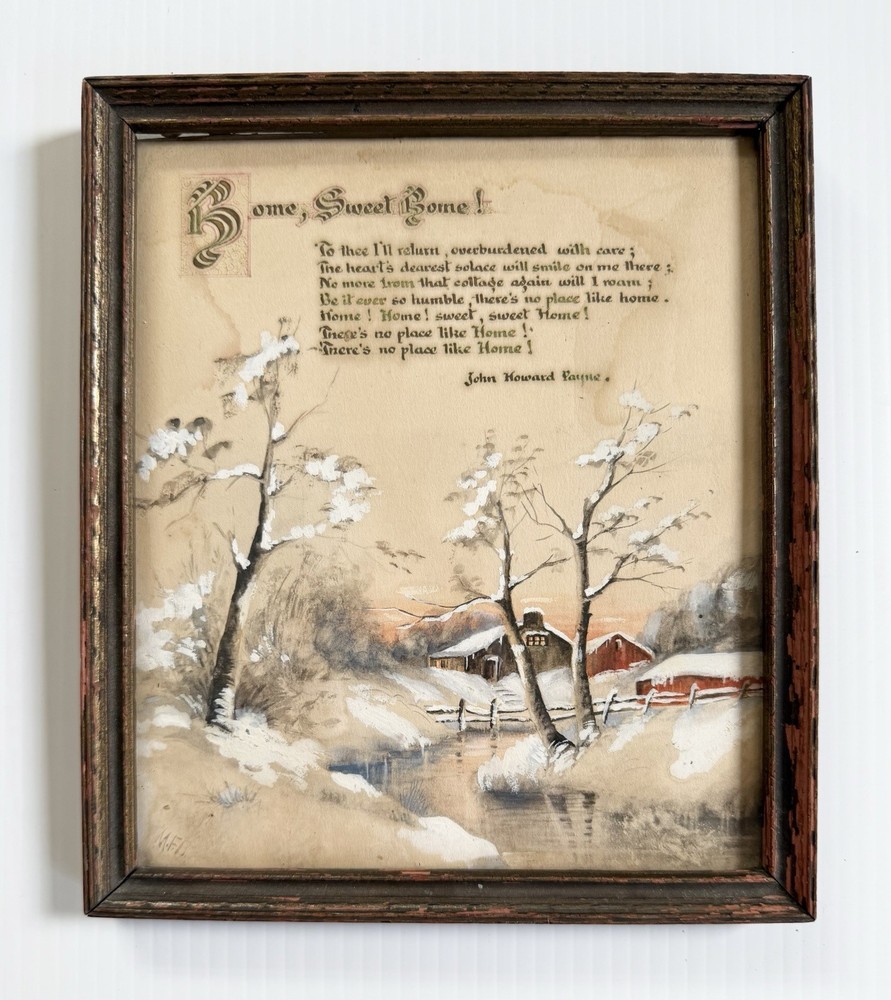 Antique Watercolor Painting Homestead, Barn In Winter w/ Home Sweet Home Poem
