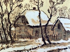 Watercolor Sepia Painting Winter Houses Cherkas Original Wall Hanging n1283