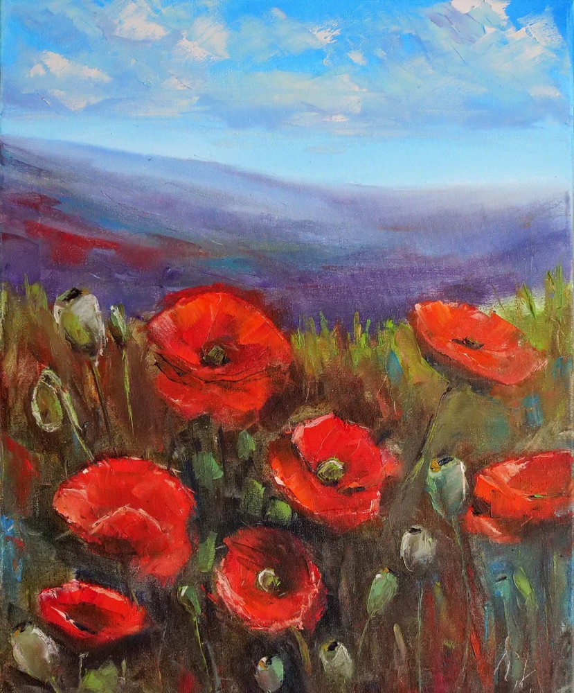 Red Poppies Landscape Oil Painting 16×20″ Tuscany Poppy Field Italian Hills