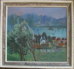 Oil Painting Expressionist° City At Shore With Church Tower Antik Frame Meadow