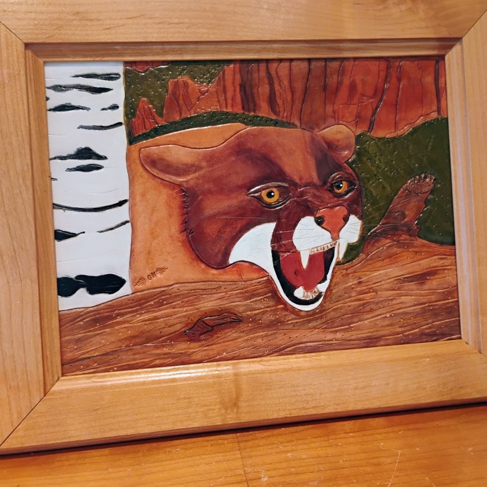 Vintage Raised Hand Tooled Leather Painting Mountain Lion Cougar Signed GM 15×12