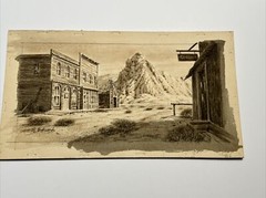ANTIQUE ART DECO PAINTING ILLUSTRATION Ghost Town Western Landscape Desert