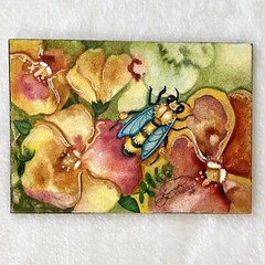 ORIGINAL OOAK Lisa Luree 2012 Miniature Painting Gold Bee Flowers 3.5” ACEO