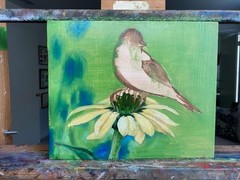 GOLDFINCH AND CONEFLOWER ~ Realistic Oil Painting on Board ~ FREE SHIPPING