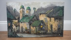 Vintage Signed Oil on Canvas Painting Spanish/European Village Scene ~ 15″x24″